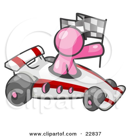 Clipart Illustration of a Pink Man Driving A Fast Race Car Past Flags While Racing by Leo Blanchette