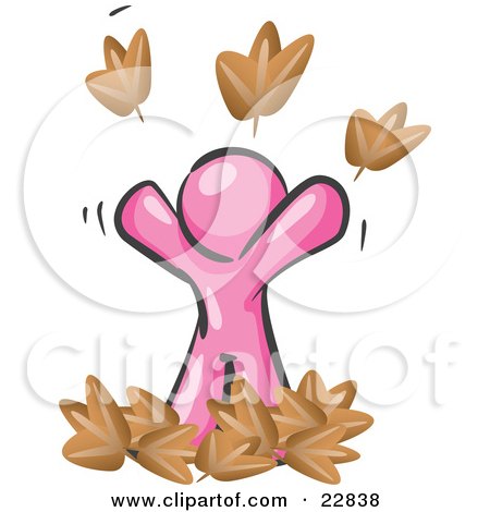 Clipart Illustration of a Carefree Pink Man Tossing Up Autumn Leaves In The Air, Symbolizing Happiness And Freedom by Leo Blanchette