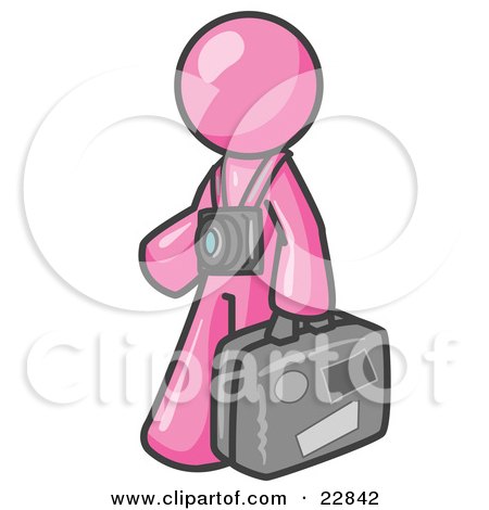 Clipart Illustration of a Pink Male Tourist Carrying His Suitcase and Walking With a Camera Around His Neck by Leo Blanchette