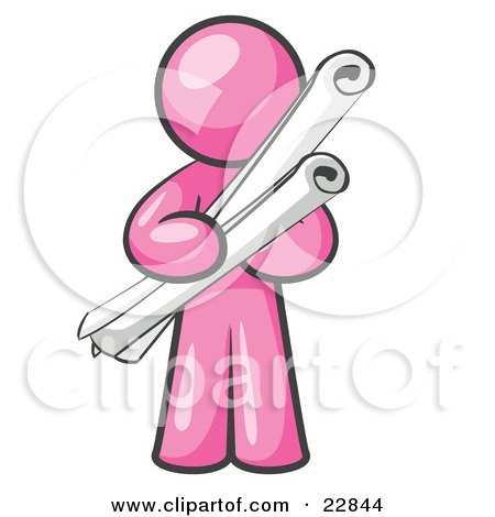 Clipart Illustration of a Pink Man Architect Carrying Rolled Blue Prints And Plans by Leo Blanchette