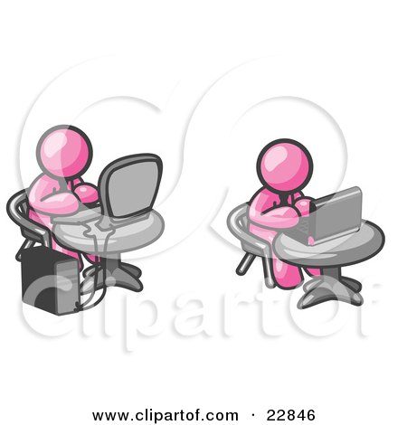 Clipart Illustration of Two Pink Men, Employees, Working on Computers in an Office, One Using a Desktop, the Other Using a Laptop by Leo Blanchette