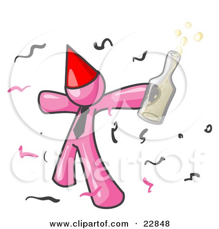 Clipart Illustration of a Happy Pink Man Partying With a Party Hat, Confetti and a Bottle of Liquor by Leo Blanchette