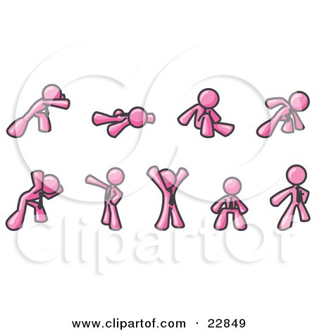 Clipart Illustration of a Pink Man Doing Different Exercises and Stretches in a Fitness Gym  by Leo Blanchette