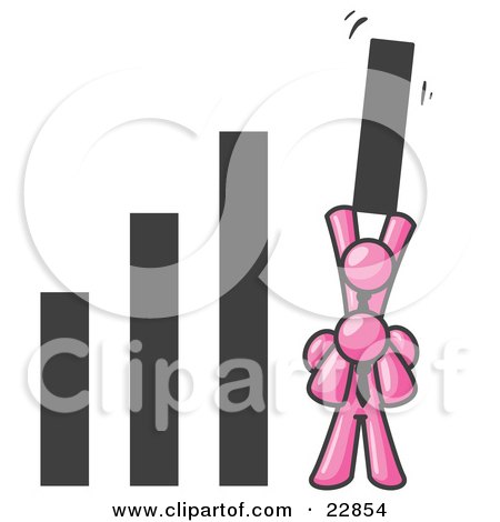 Clipart Illustration of a Pink Man on Another Man's Shoulders, Holding up a Bar in a Graph by Leo Blanchette