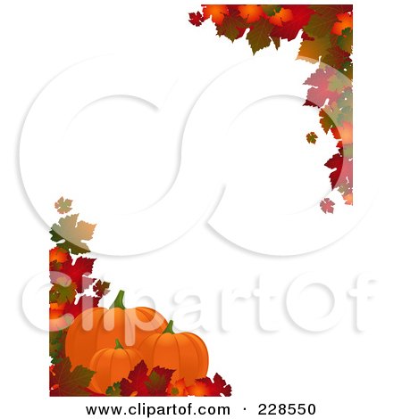 Royalty-Free (RF) Clipart Illustration of a Vertical Border Of Autumn Leaves And Three Pumpkins Around White Copyspace by elaineitalia
