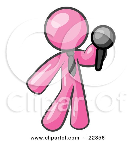 Clipart Illustration of a Pink Man, A Comedian Or Vocalist, Wearing A Tie, Standing On Stage And Holding A Microphone While Singing Karaoke Or Telling Jokes by Leo Blanchette