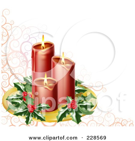 Royalty-Free (RF) Clipart Illustration of Red Candles With Christmas Holly On A Tray Over A Pink Swirl And White Background by AtStockIllustration