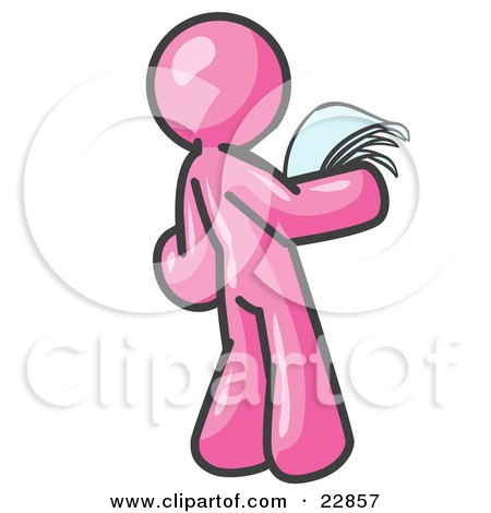 Clipart Illustration of a Serious Pink Man Reading Papers and Documents by Leo Blanchette