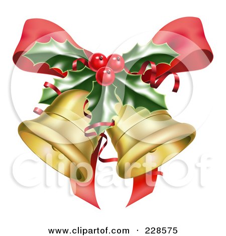 Royalty-Free (RF) Clipart Illustration of a Golden Christmas Bells, A Red Bow And Sprig Of Holly by AtStockIllustration