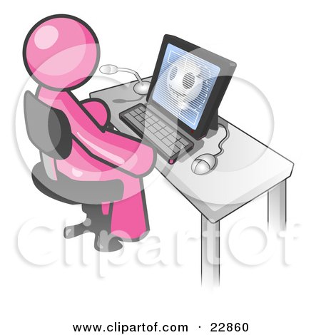 Clipart Illustration of a Pink Doctor Man Sitting at a Computer and Viewing an Xray of a Head  by Leo Blanchette
