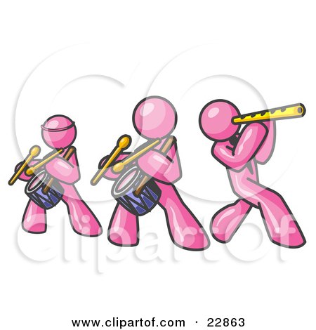 Clipart Illustration of Three Pink Men Playing Flutes and Drums at a Music Concert by Leo Blanchette