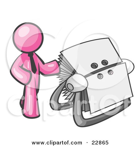 Clipart Illustration of a Pink Businessman Standing Beside A Rotary Card File With Blank Index Cards by Leo Blanchette