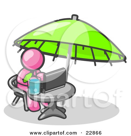 Clipart Illustration of a Traveling Pink Business Man Sitting Under an Umbrella at a Table Using a Laptop Computer  by Leo Blanchette