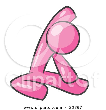 Clipart Illustration of a Pink Man Sitting On A Gym Floor And Stretching His Arm Up And Behind His Head by Leo Blanchette