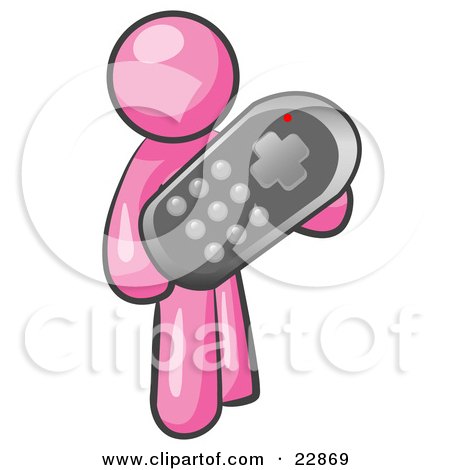 Clipart Illustration of a Pink Man Holding A Remote Control To A Television by Leo Blanchette