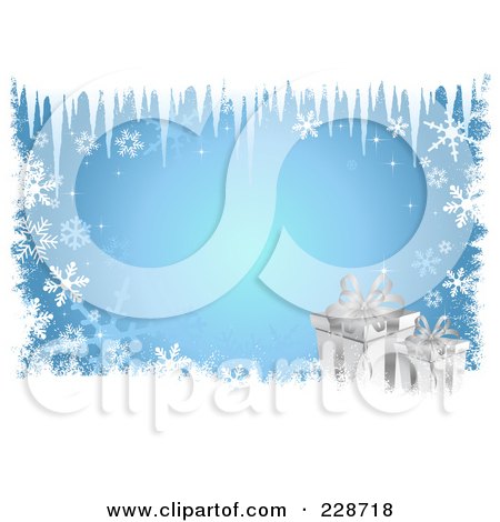 Royalty-Free (RF) Clipart Illustration of Icicles Hanging Down Over Silver Christmas Presents And Snow Grunge On Blue by KJ Pargeter