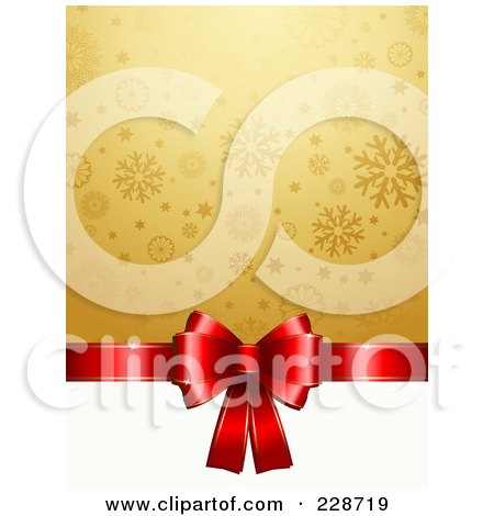 Royalty-Free (RF) Clipart Illustration of a Shiny Red Bow Above White Space With Golden Snowflakes by KJ Pargeter