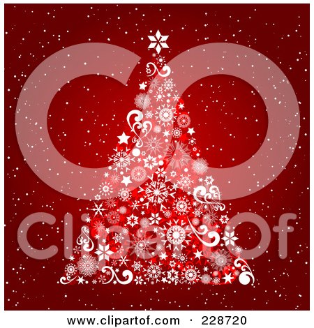 Royalty-Free (RF) Clipart Illustration of a Christmas Tree Made Of Swirls, Stars And Snowflakes On Snowy Red by KJ Pargeter