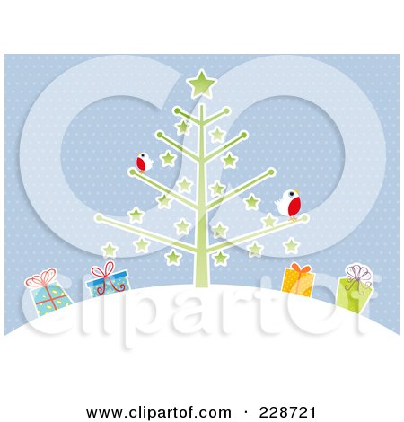 Royalty-Free (RF) Clipart Illustration of Winter Robins On A Christmas Tree On A Hill Over Presents Against Blue by KJ Pargeter