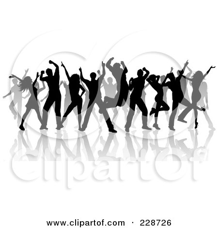 Royalty-Free (RF) Clipart Illustration of a Group Of Silhouetted Dancers And Reflections On White by KJ Pargeter