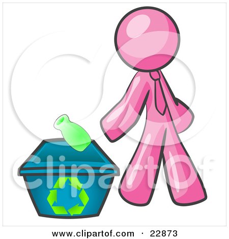 Clipart Illustration of a Pink Man Tossing A Plastic Container Into A Recycle Bin, Symbolizing Someone Doing Their Part To Help The Environment And To Be Earth Friendly by Leo Blanchette