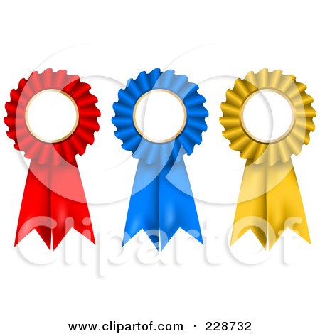 Royalty-Free (RF) Clipart Illustration of 3d Red, Blue And Gold Rosette Ribbon Awards With Copyspace by KJ Pargeter