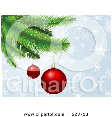 Royalty-Free (RF) Clipart Illustration of Two Shiny Red Christmas Baubles Hanging From A Christmas Tree Over A Blue Snowflake Background by KJ Pargeter
