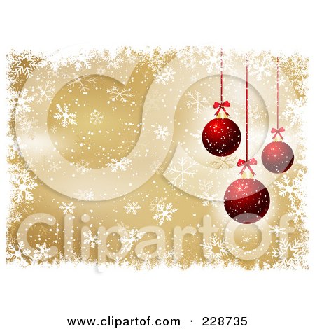 Royalty-Free (RF) Clipart Illustration of Three Red Christmas Baubles Over A Golden Snowflake Background With White Grunge Borders by KJ Pargeter