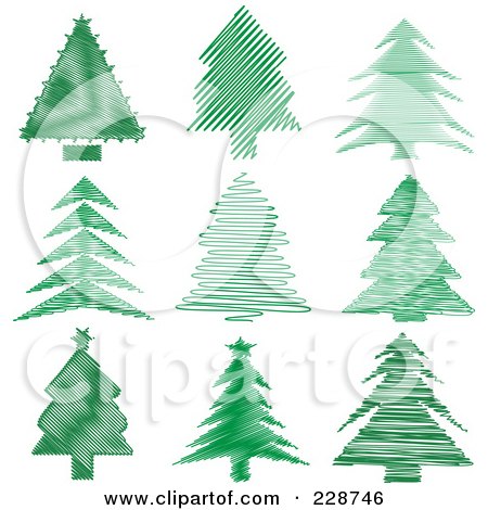Royalty-Free (RF) Clipart Illustration of a Digital Collage Of Green Scribble Styled Christmas Trees by KJ Pargeter