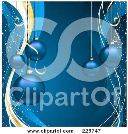 Royalty-Free (RF) Clipart Illustration of Blue Christmas Baubles Over Blue With Magical Gold And Blue Waves  by KJ Pargeter