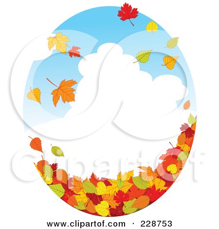 Royalty-Free (RF) Clipart Illustration of an Oval Design With A Cloudy Sky And Autumn Leaves by Pushkin
