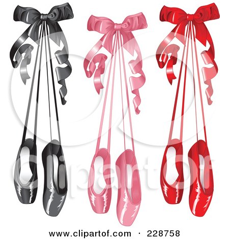 Royalty-Free (RF) Clipart Illustration of a Digital Collage Of Pairs Of Black, Pink And Red Satin Ballet Slippers Hanging With Bows by Pushkin