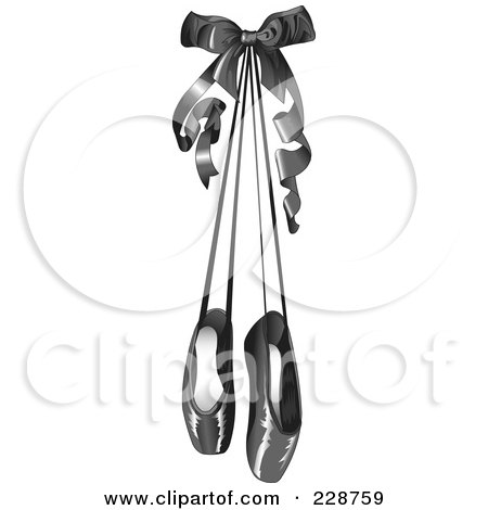 Royalty-Free (RF) Clipart Illustration of a Pair Of Black Satin Ballet Slippers Hanging With A Bow by Pushkin