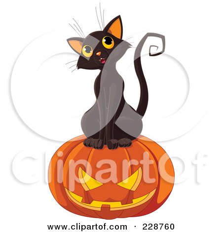 Royalty-Free (RF) Clipart Illustration of a Cute Black Kitten With A Jackolantern - 1 by Pushkin