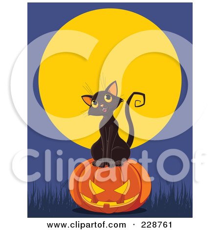 Royalty-Free (RF) Clipart Illustration of a Cute Black Kitten With A Jackolantern - 3 by Pushkin
