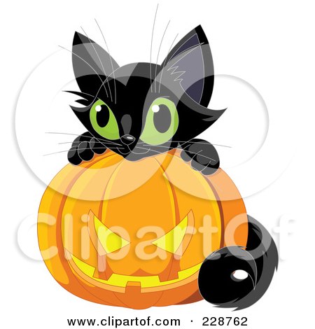Royalty-Free (RF) Clipart Illustration of a Cute Black Kitten With A Jackolantern - 2 by Pushkin