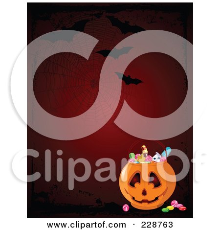 Royalty-Free (RF) Clipart Illustration of a Spider Web With Bats Over A Halloween Candy Pumpkin Basket On Red by Pushkin