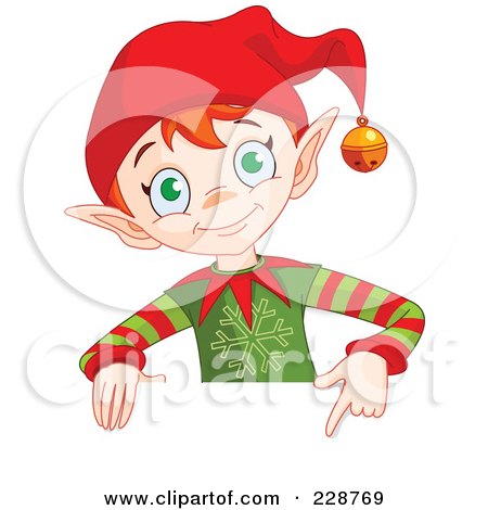 Royalty-Free (RF) Clipart Illustration of a Christmas Elf Holding And Pointing To A Blank Sign by Pushkin