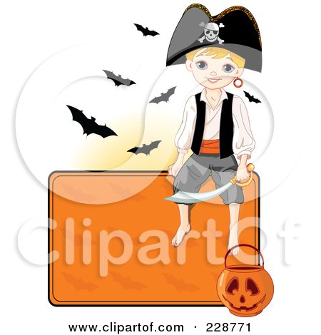 Royalty-Free (RF) Clipart Illustration of a Pirate Boy Sitting On A Blank Halloween Sign With A Pumpkin Basket And Bats by Pushkin
