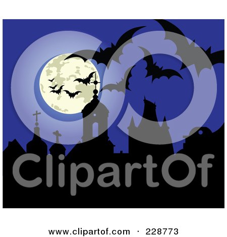 Royalty-Free (RF) Clipart Illustration of Bats And A Full Moon Above Silhouetted Gravestones Against A Blue Sky by Pushkin