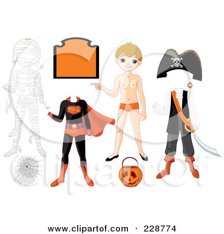 Royalty-Free (RF) Clipart Illustration of a Halloween Boy With Costumes And Items by Pushkin