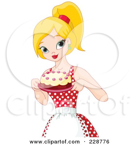 Royalty-Free (RF) Clipart Illustration of a Pretty Blond Woman In A Polka Dot Dress, Holding A Cake by Pushkin
