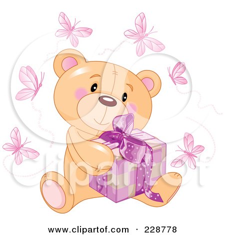 Royalty-Free (RF) Clipart Illustration of a Teddy Bear Sitting With A Pink Gift, Surrounded By Butterflies by Pushkin