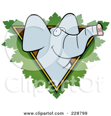 Royalty-Free (RF) Clipart Illustration of an Elephant Face Over A Safari Triangle With Leaves by Cory Thoman