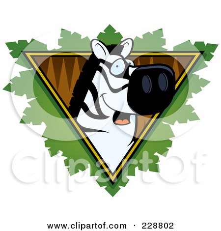 Royalty-Free (RF) Clipart Illustration of a Zebra Face Over A Safari Triangle With Leaves by Cory Thoman