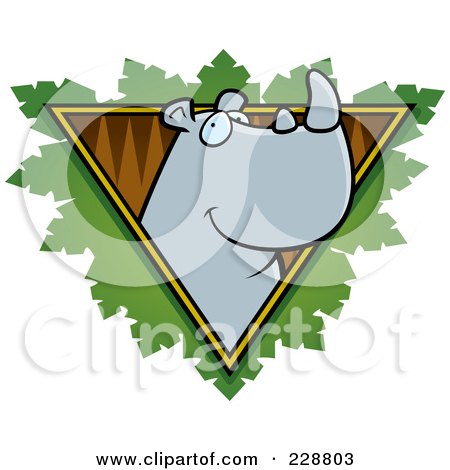 Royalty-Free (RF) Clipart Illustration of a Rhino Face Over A Safari Triangle With Leaves by Cory Thoman