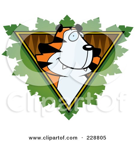 Royalty-Free (RF) Clipart Illustration of a Tiger Face Over A Safari Triangle With Leaves by Cory Thoman
