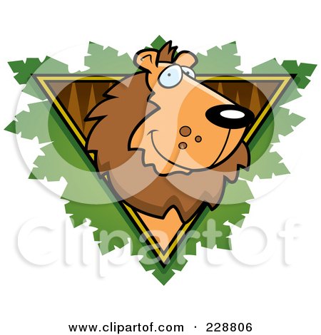 Royalty-Free (RF) Clipart Illustration of a Lion Face Over A Safari Triangle With Leaves by Cory Thoman