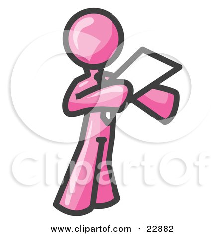 Clipart Illustration of a Pink Businessman Holding a Piece of Paper During a Speech or Presentation by Leo Blanchette