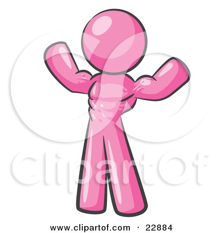 Clipart Illustration of a Pink Bodybuilder Man Flexing His Muscles And Showing The Definition In His Abs, Chest And Arms by Leo Blanchette